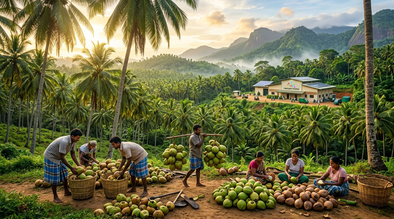 Sri Lankan Organic Coconut Harvest — Smallholder farmers gathering fresh coconuts with Celebration Holdings processing facility