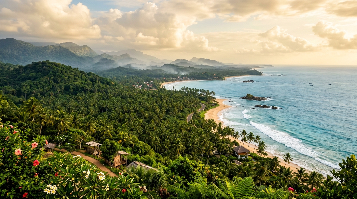 Sri Lanka Tropical Climate and Lush Island Nature - Emerald Coconut Canopy and Indian Ocean